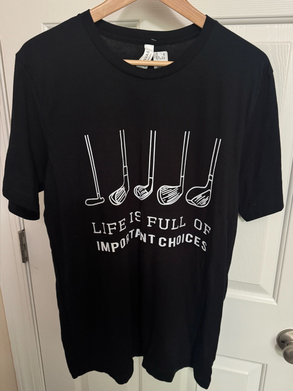 Black Graphic Golf Tee White Letters Life is Full of Important Choices MENS LRG